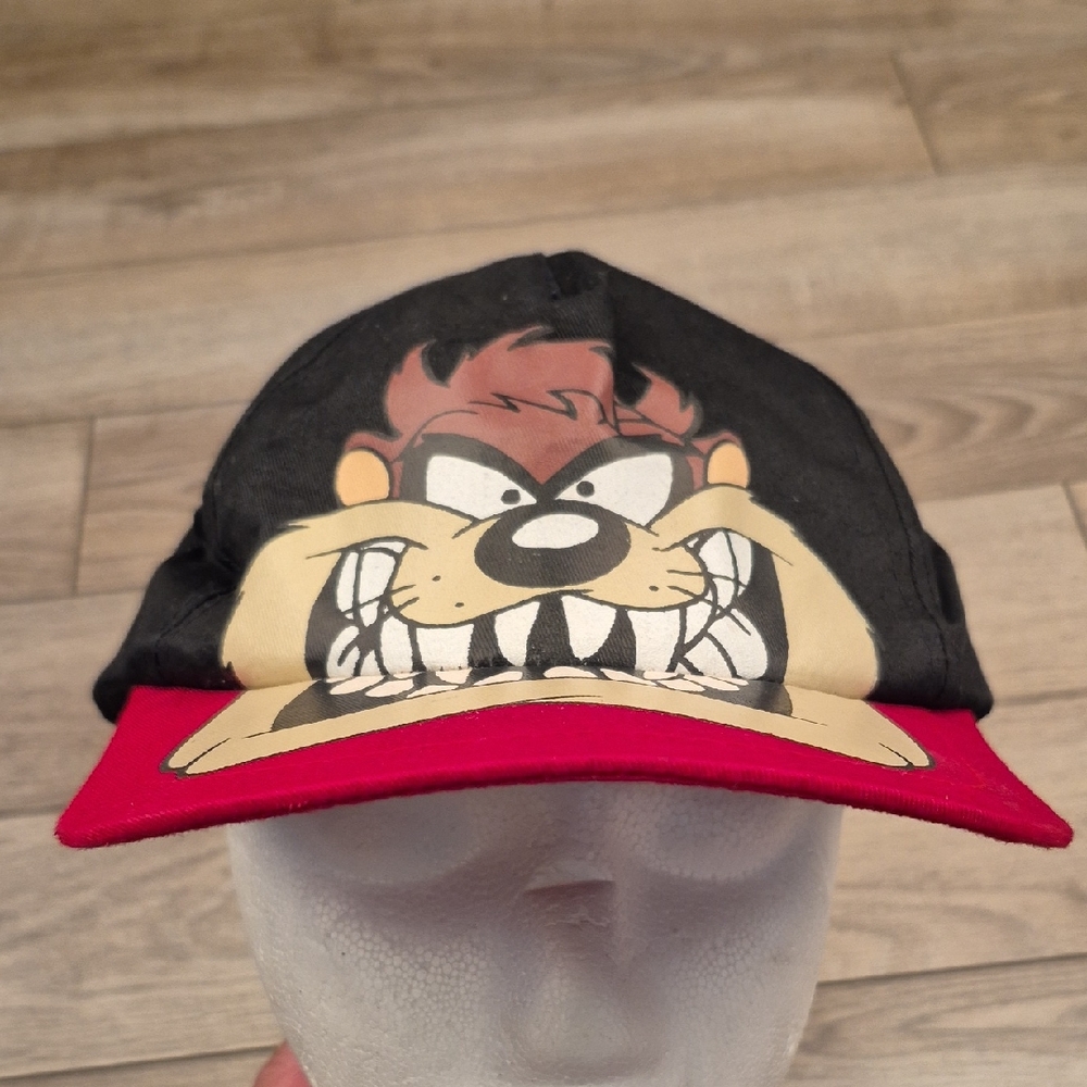 TAZ Warner Bros Looney Tunes Big Face Black Red Snapback Cap Hat Vtg 90s RARE